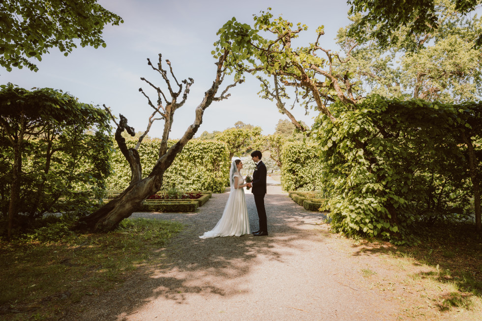 ett brudpar i vacker omgivning